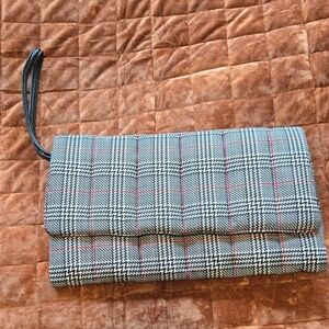 Plaid Fold-Over Wristlet Clutch in Black White with Red Accent